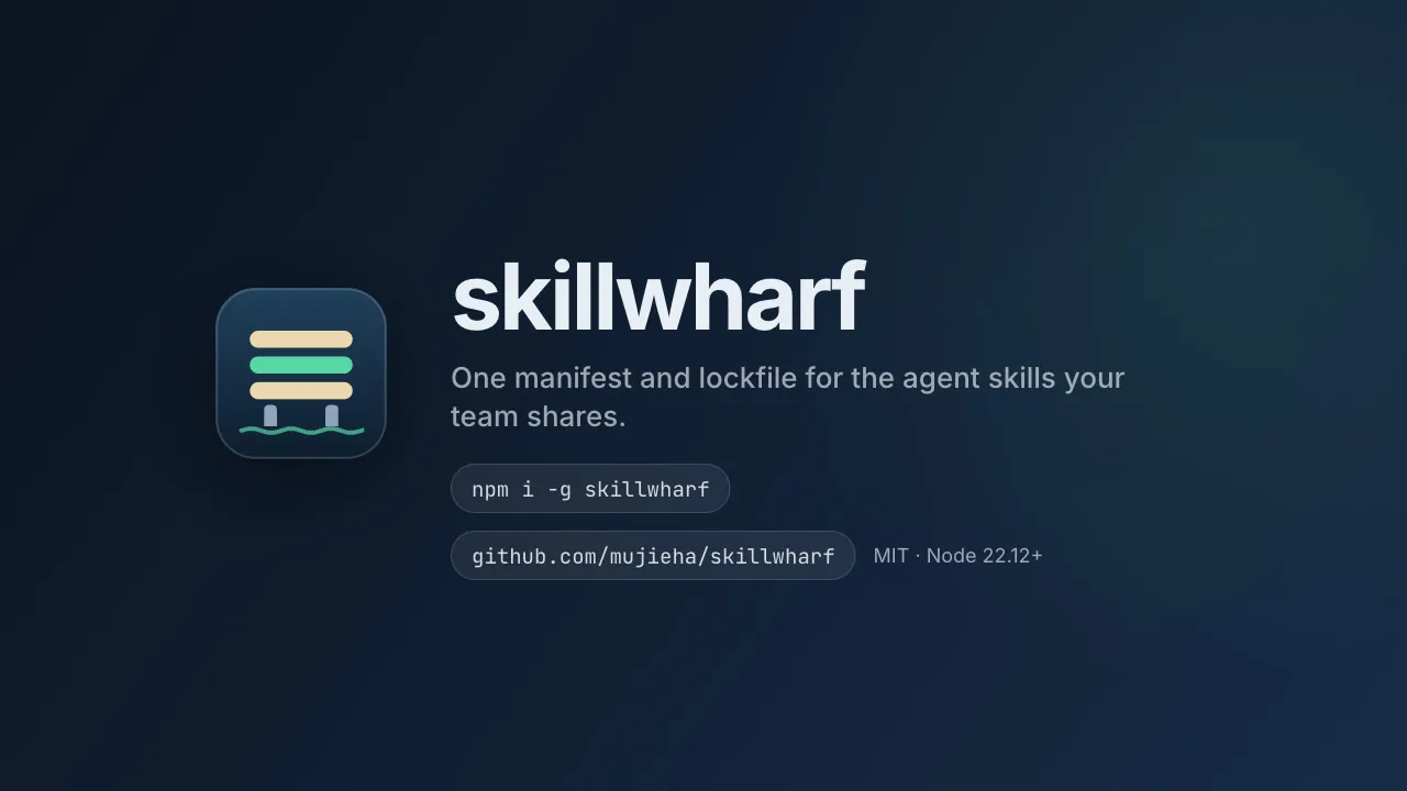 skillwharf in 28 seconds: why skills get copied everywhere, go unpinned and go unused; then init, add pinned to a full commit sha, sync, doctor and usage in a terminal; who it is for: one developer, a small team, a company; and the install command, npm i -g skillwharf
